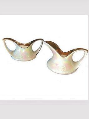 VTG Pearl China Co Lusterware Aladdin Creamer & Sugar Bowl Set 22K Gold MCM